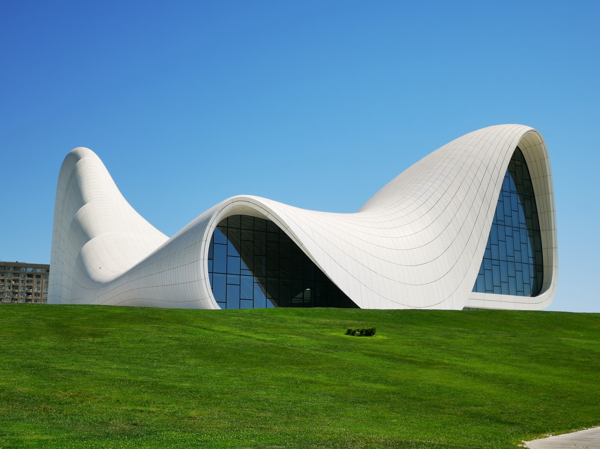 smooth lines of Geidar Aliev Center downtown Baku, built by Zaha Hadid